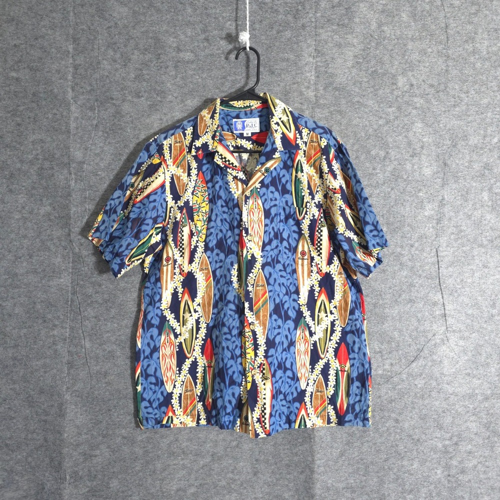 RJC Surfboard Hawaiian Shirt Mens Medium Aloha Beach Camp Casual Blue Outdoor - Picture 1 of 8
